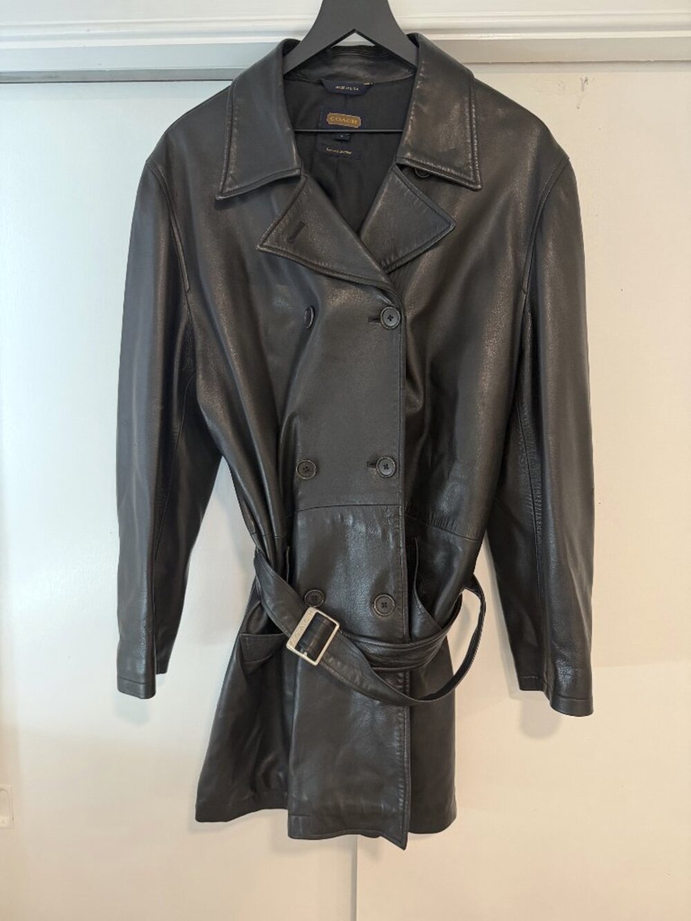 Vintage Coach Womens Black Leather Trench Coat, Size L, Made in USA